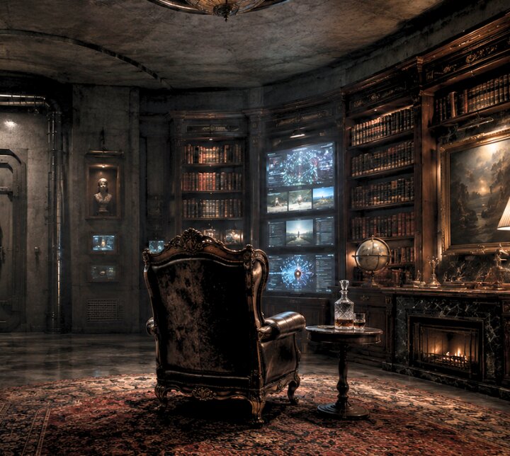A decadent 19th-century study with leather armchair, lit fireplace, and floor-to-ceiling library — the atmosphere of Des Esseintes' villa